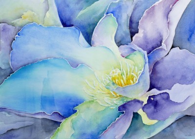 Aquarellbild eines Clematis in kontrastreichen Blautönen
